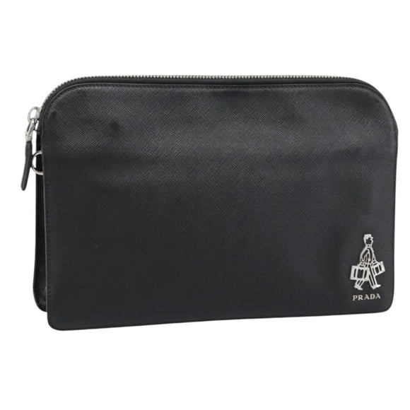 PRADA Clutch Bag Leather Black Silver Auth ka4774