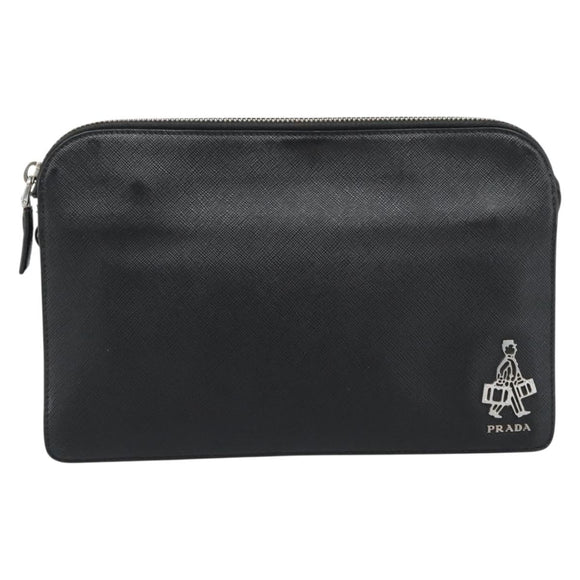 PRADA Clutch Bag Leather Black Silver Auth ka4774