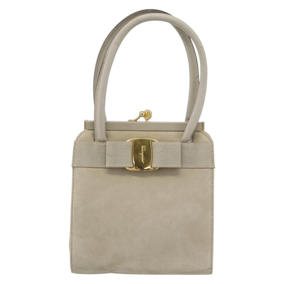 Salvatore Ferragamo Vala Hand Bag Suede Beige Gold Auth ka4791