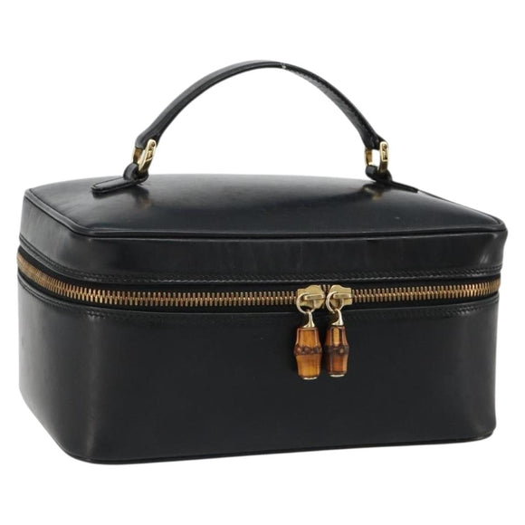 GUCCI Vanity Hand Bag Leather Black Gold 032 1956 0150 Auth ka4794