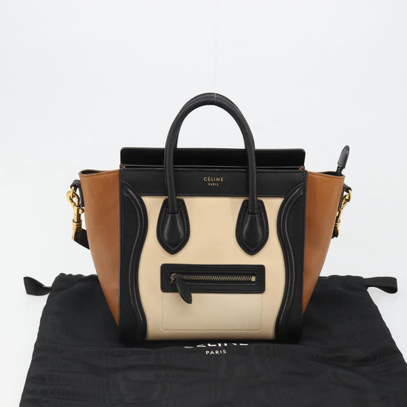 CELINE Luggage Nano Micro Mini Hand Bag Leather 2way Beige Gold Auth ka4812V