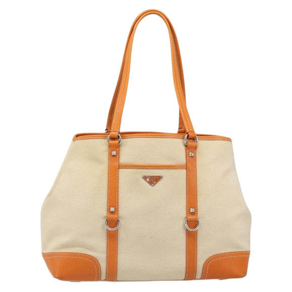 PRADA Tote Bag Canvas Beige Silver Auth ka4818V