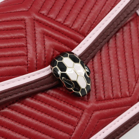 BVLGARI Chain Shoulder Bag Leather Red Gold Auth ka4824