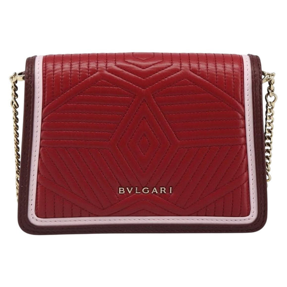 BVLGARI Chain Shoulder Bag Leather Red Gold Auth ka4824