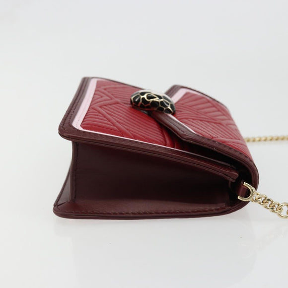 BVLGARI Chain Shoulder Bag Leather Red Gold Auth ka4824