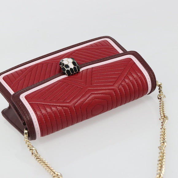 BVLGARI Chain Shoulder Bag Leather Red Gold Auth ka4824