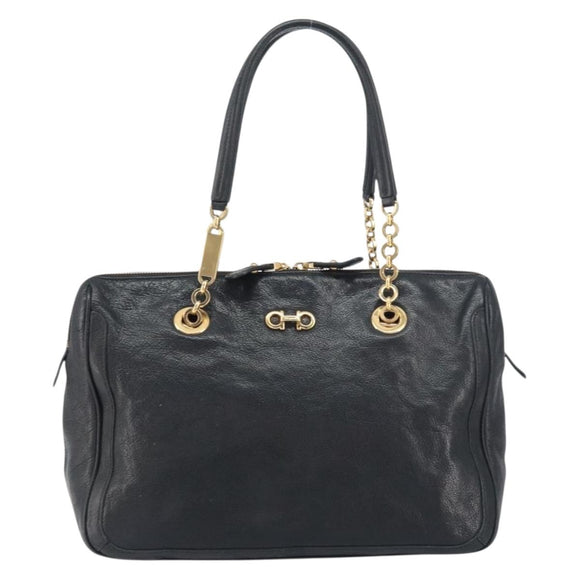 Salvatore Ferragamo Hand Bag Leather Black Gold Auth ka483