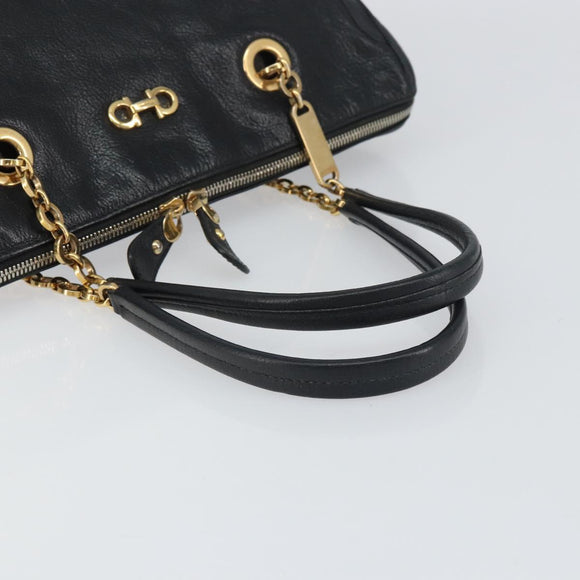 Salvatore Ferragamo Hand Bag Leather Black Gold Auth ka483