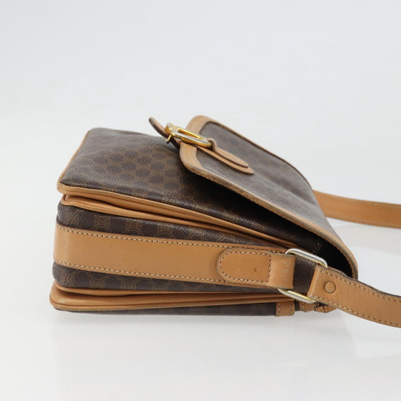 CELINE Macadam Canvas Shoulder Bag PVC Leather Brown Gold Auth ka4853