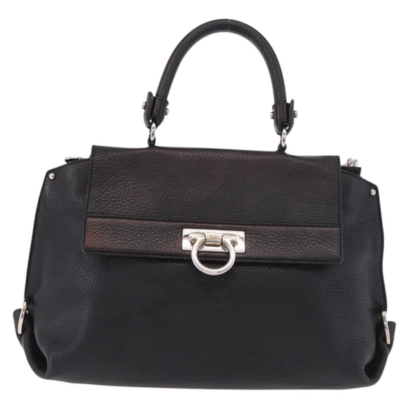 Salvatore Ferragamo Gancini Hand Bag Leather 2way Black Silver Auth ka4860A