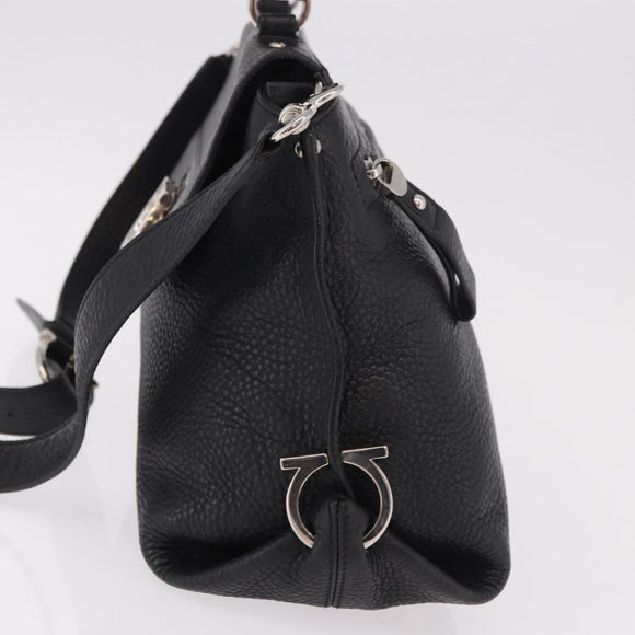 Salvatore Ferragamo Gancini Hand Bag Leather 2way Black Silver Auth ka4860A