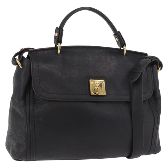 MCM Hand Bag Leather 2way Black Gold Auth ka4862