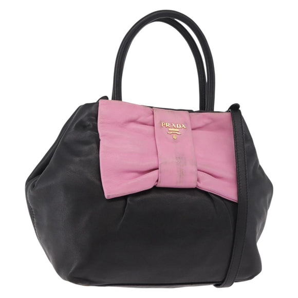 PRADA Hand Bag Leather 2way Black Gold Auth ka4866
