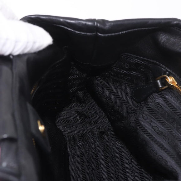 PRADA Hand Bag Leather 2way Black Gold Auth ka4866