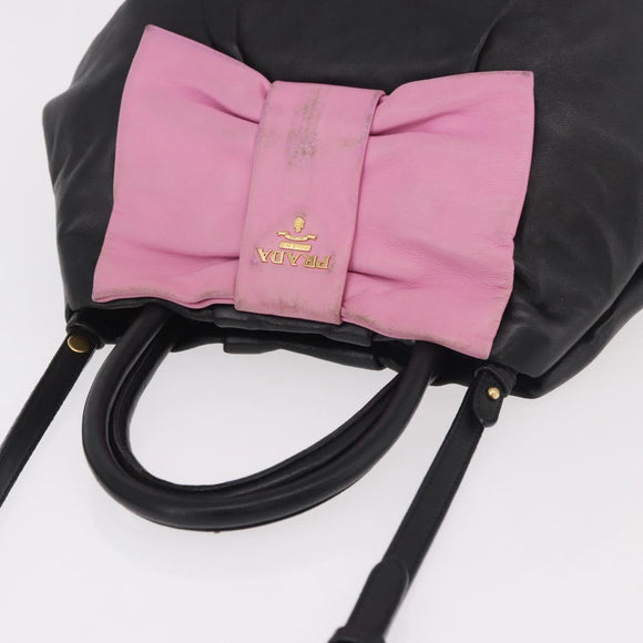 PRADA Hand Bag Leather 2way Black Gold Auth ka4866