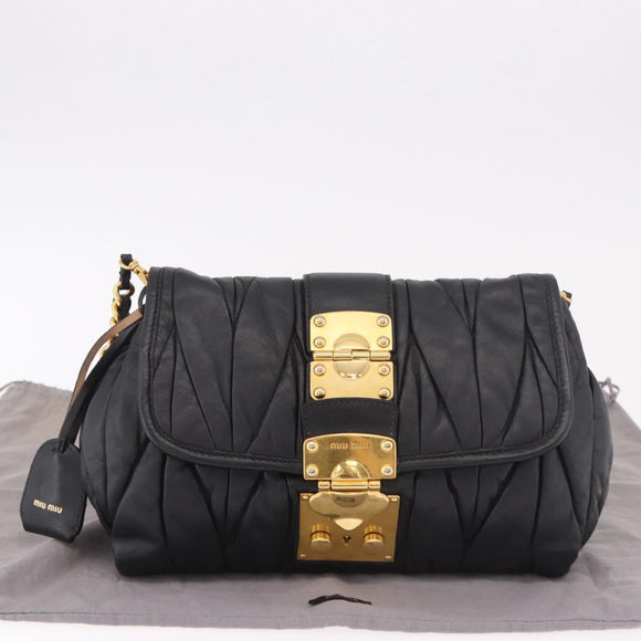 Miu Miu Matelasse Chain Shoulder Bag Leather Black Gold Auth ka4879V
