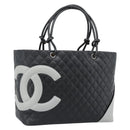 CHANEL Cambon Line Matelasse Tote Bag Leather Black Silver CC Auth ka4895SAM-1