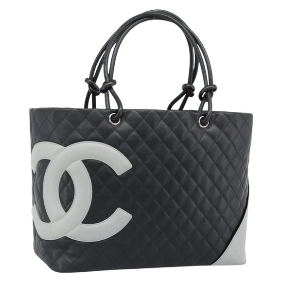 CHANEL Cambon Line Matelasse Tote Bag Leather Black Silver CC Auth ka4895SAM