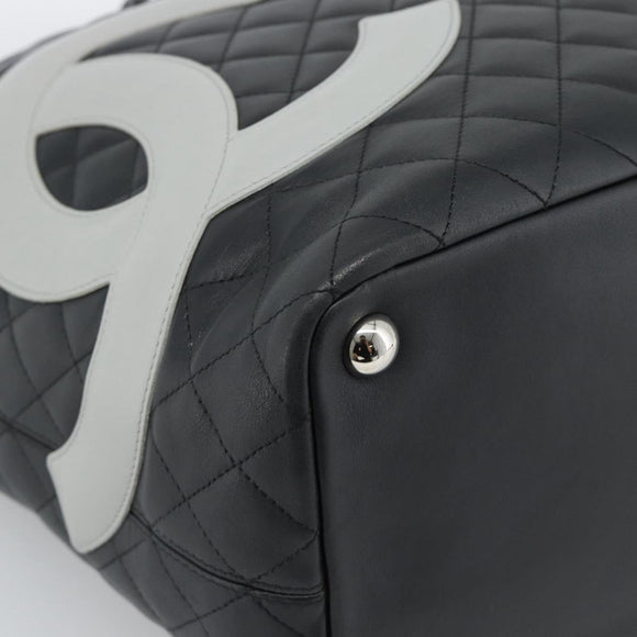 CHANEL Cambon Line Matelasse Tote Bag Leather Black Silver CC Auth ka4895SAM