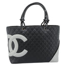 CHANEL Cambon Line Matelasse Tote Bag Leather Black Silver CC Auth ka4895SAM-13
