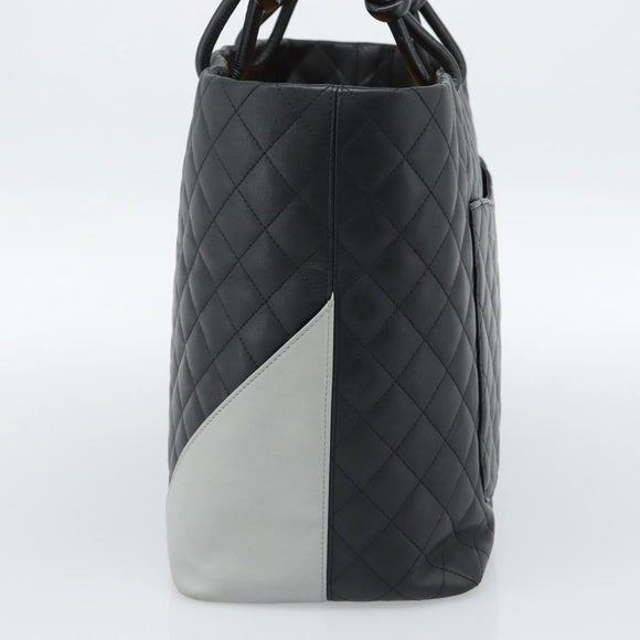 CHANEL Cambon Line Matelasse Tote Bag Leather Black Silver CC Auth ka4895SAM