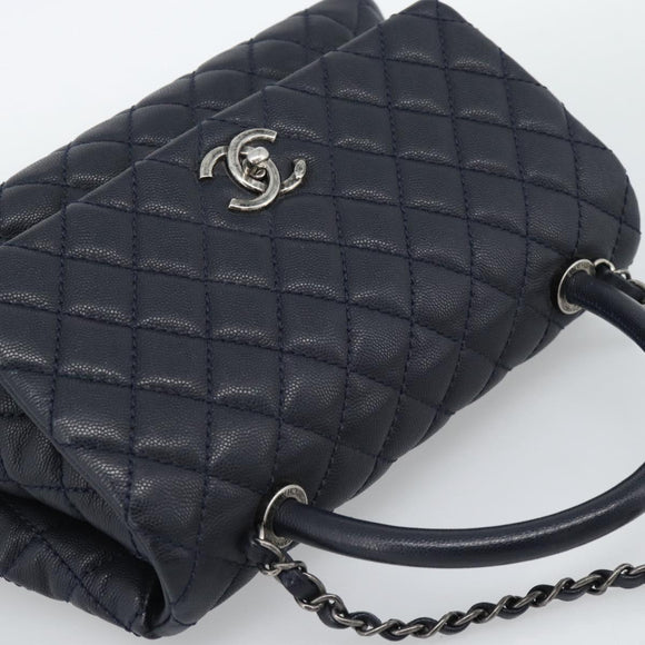 CHANEL Matelasse Chain Hand Bag Caviar Skin 2way Navy Silver CC Auth ka4899SAM