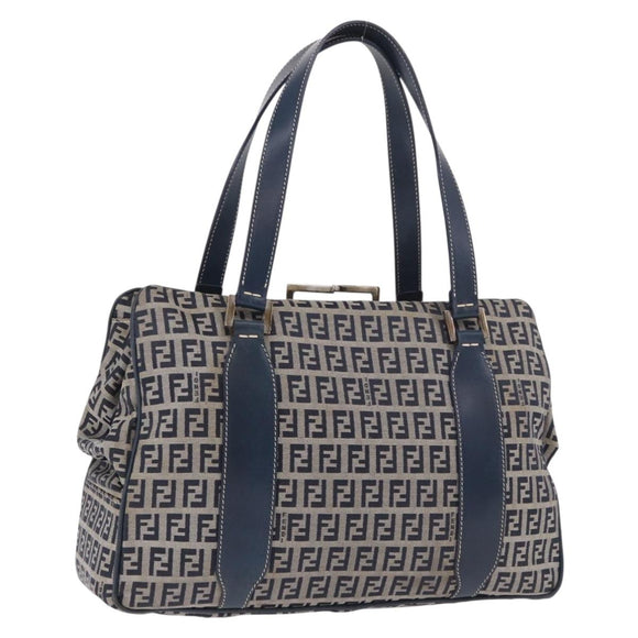 FENDI Zucchino Canvas Hand Bag Navy Silver Auth ka4913V