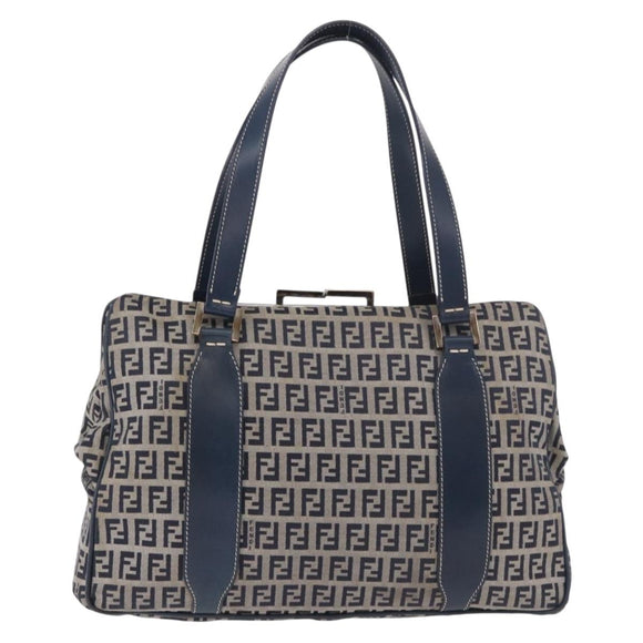 FENDI Zucchino Canvas Hand Bag Navy Silver Auth ka4913V