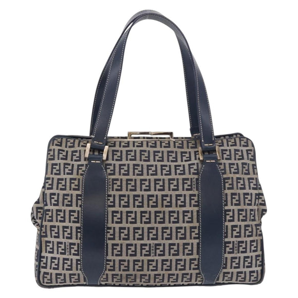 FENDI Zucchino Canvas Hand Bag Navy Silver Auth ka4913V