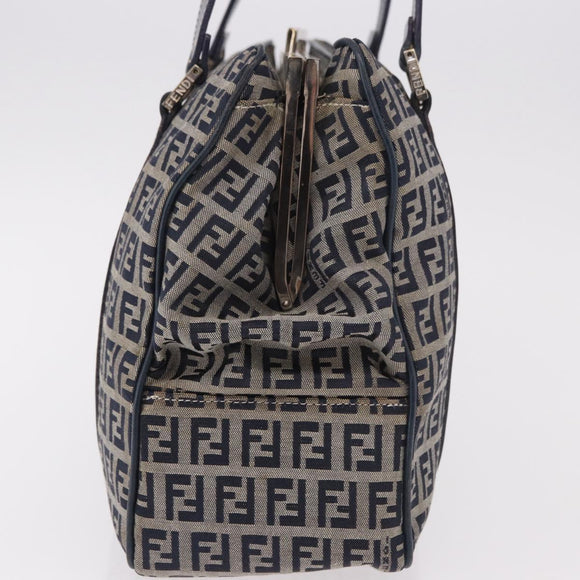 FENDI Zucchino Canvas Hand Bag Navy Silver Auth ka4913V