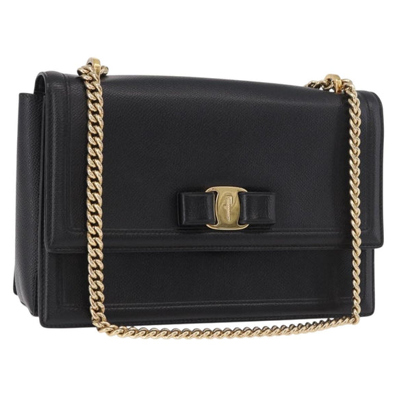 Salvatore Ferragamo Vala Chain Shoulder Bag Leather Black Gold Auth ka4916A