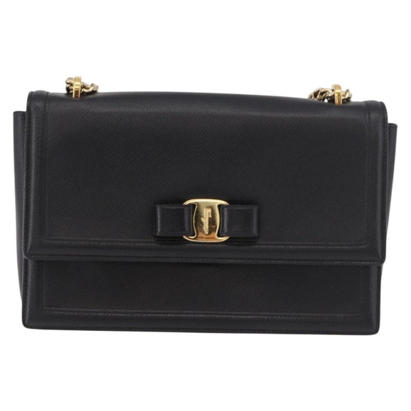 Salvatore Ferragamo Vala Chain Shoulder Bag Leather Black Gold Auth ka4916A