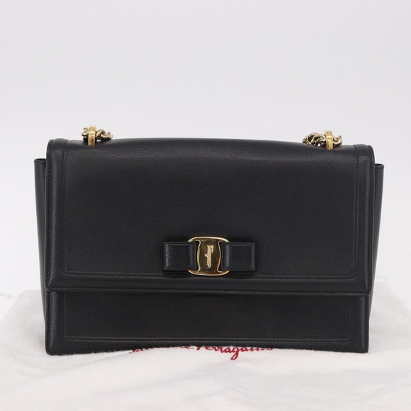Salvatore Ferragamo Vala Chain Shoulder Bag Leather Black Gold Auth ka4916A