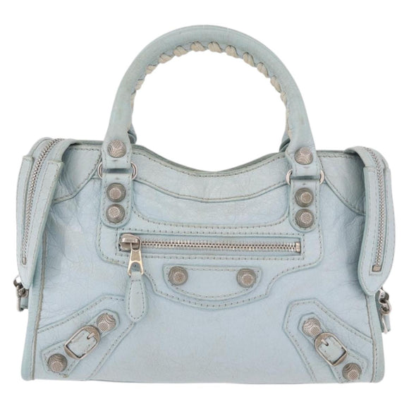 BALENCIAGA Mini City Hand Bag Leather 2way Light Blue Silver 309544 Auth ka4924A