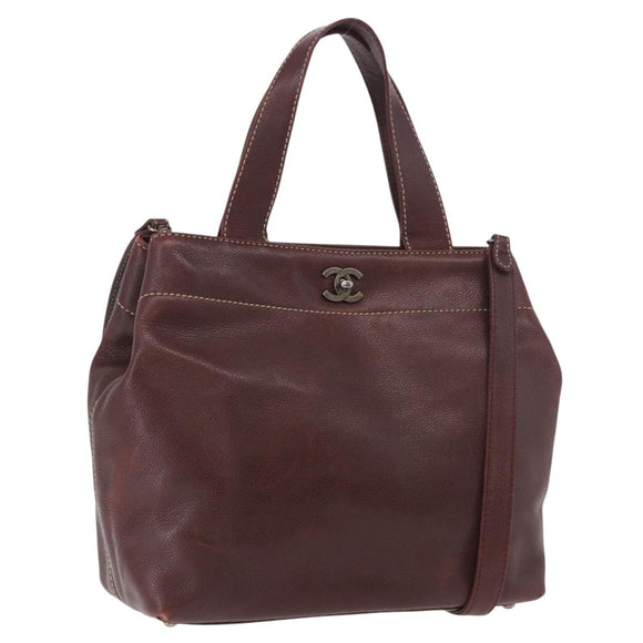CHANEL Hand Bag Caviar Skin 2way Brown Silver CC Auth ka4946V