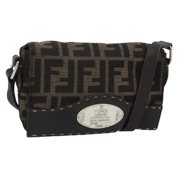 FENDI Zucca Canvas Shoulder Bag Black Brown Silver Auth ka4951A