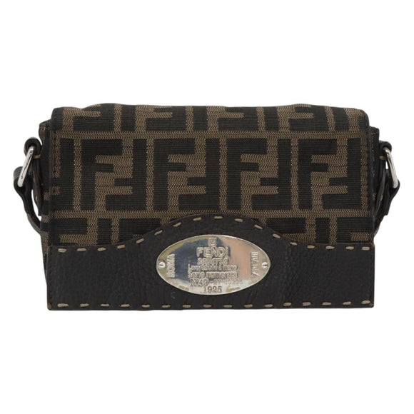 FENDI Zucca Canvas Shoulder Bag Black Brown Silver Auth ka4951A