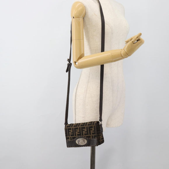 FENDI Zucca Canvas Shoulder Bag Black Brown Silver Auth ka4951A