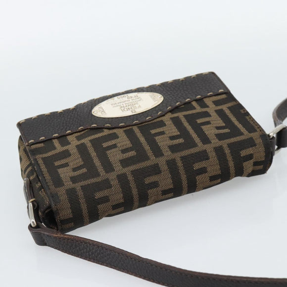 FENDI Zucca Canvas Shoulder Bag Black Brown Silver Auth ka4951A