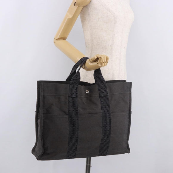 HERMES Her Line Her bag MM Hand Bag Canvas Gray Silver Auth ka4952A