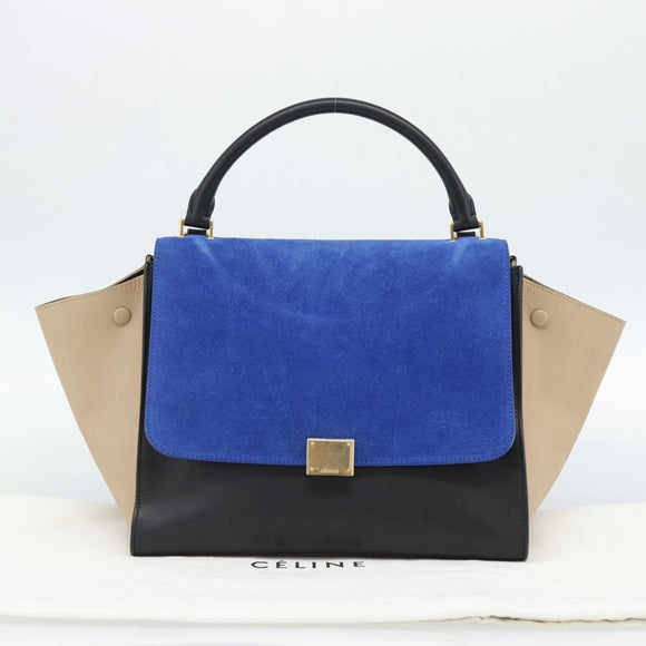 CELINE Trapeze Hand Bag Leather 2way Blue Gold Auth ka4960V