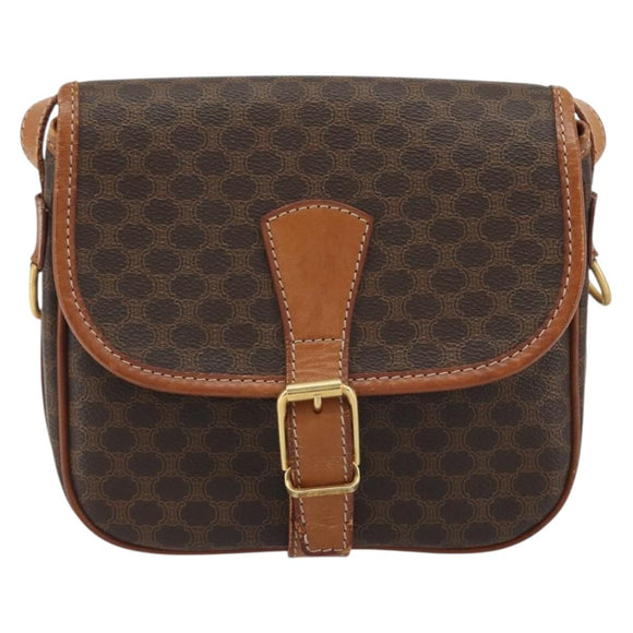 CELINE Macadam Canvas Shoulder Bag PVC Leather Brown Gold Auth ka4976