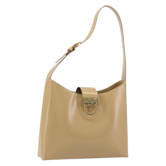Salvatore Ferragamo Gancini Shoulder Bag Leather Beige Gold Auth ka4982