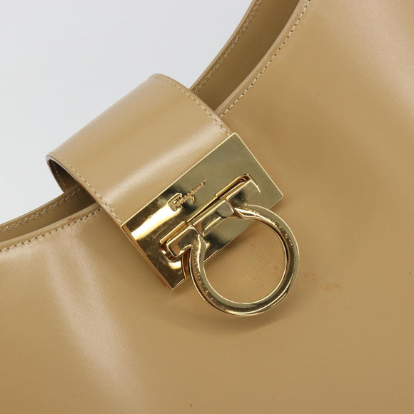 Salvatore Ferragamo Gancini Shoulder Bag Leather Beige Gold Auth ka4982