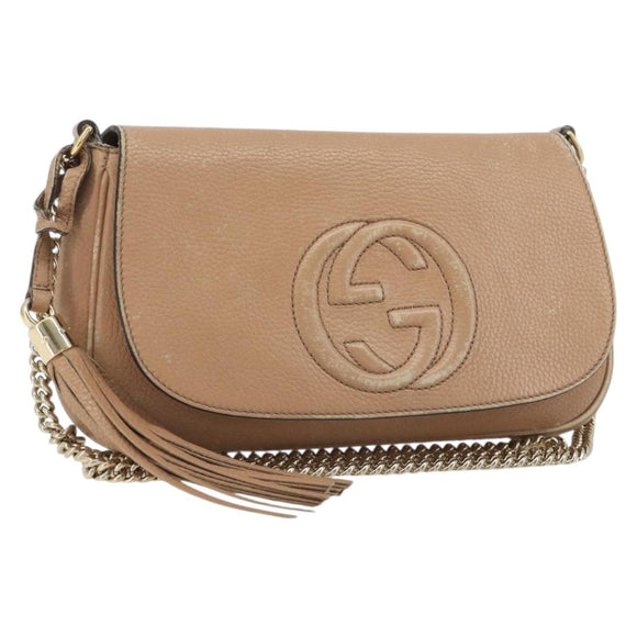 GUCCI Chain Shoulder Bag Leather Beige Gold 536224 Auth ka4986