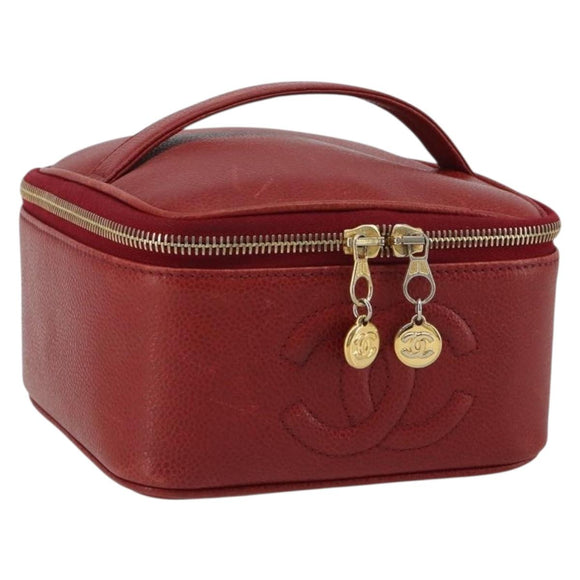 CHANEL COCO Mark Vanity Hand Bag Caviar Skin Red Gold CC Auth ka4988