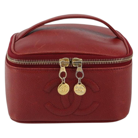CHANEL COCO Mark Vanity Hand Bag Caviar Skin Red Gold CC Auth ka4988