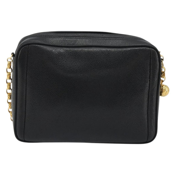CHANEL Chain Shoulder Bag Caviar Skin Black Gold CC Auth ka4989V