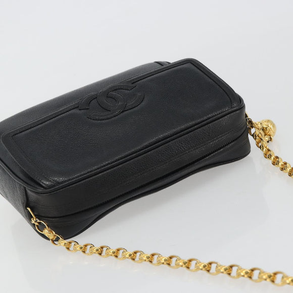 CHANEL Chain Shoulder Bag Caviar Skin Black Gold CC Auth ka4989V