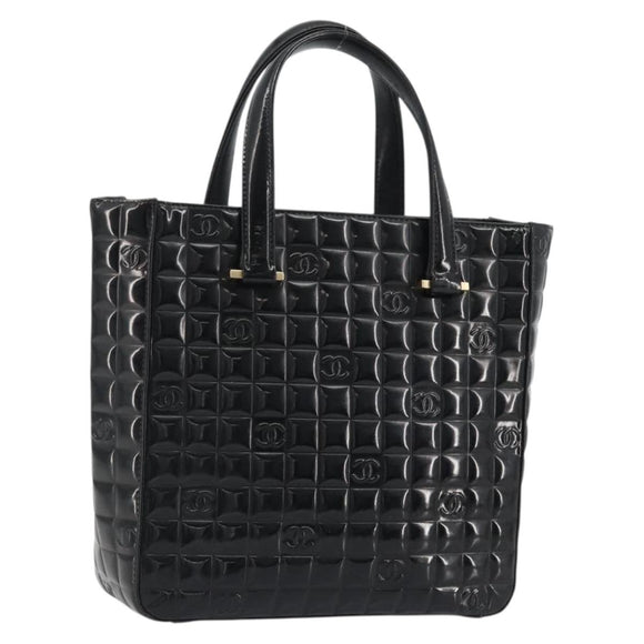 CHANEL Choco Bar Hand Bag Patent leather Black Gold CC Auth ka4990